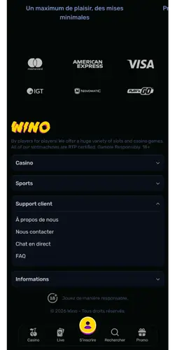 Wino Casino pages supplémentaires